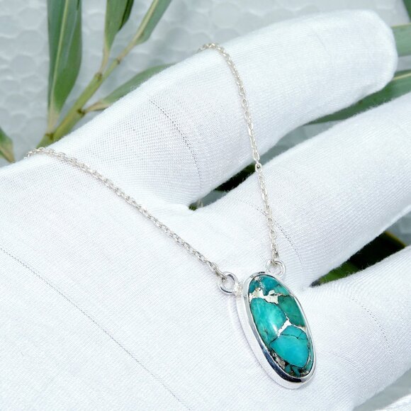 Turquoise Gemstone Silver Pendant Necklace, Sterling Silver Turquoise Jewelry - Picture 5 of 7